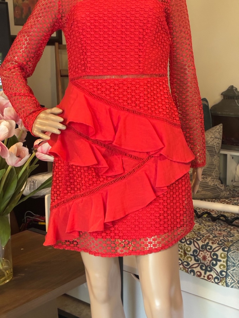 Sage + Paige Red Guipure Lace Mini Dress with Tiered Ruffles Size M - Picture 3 of 10